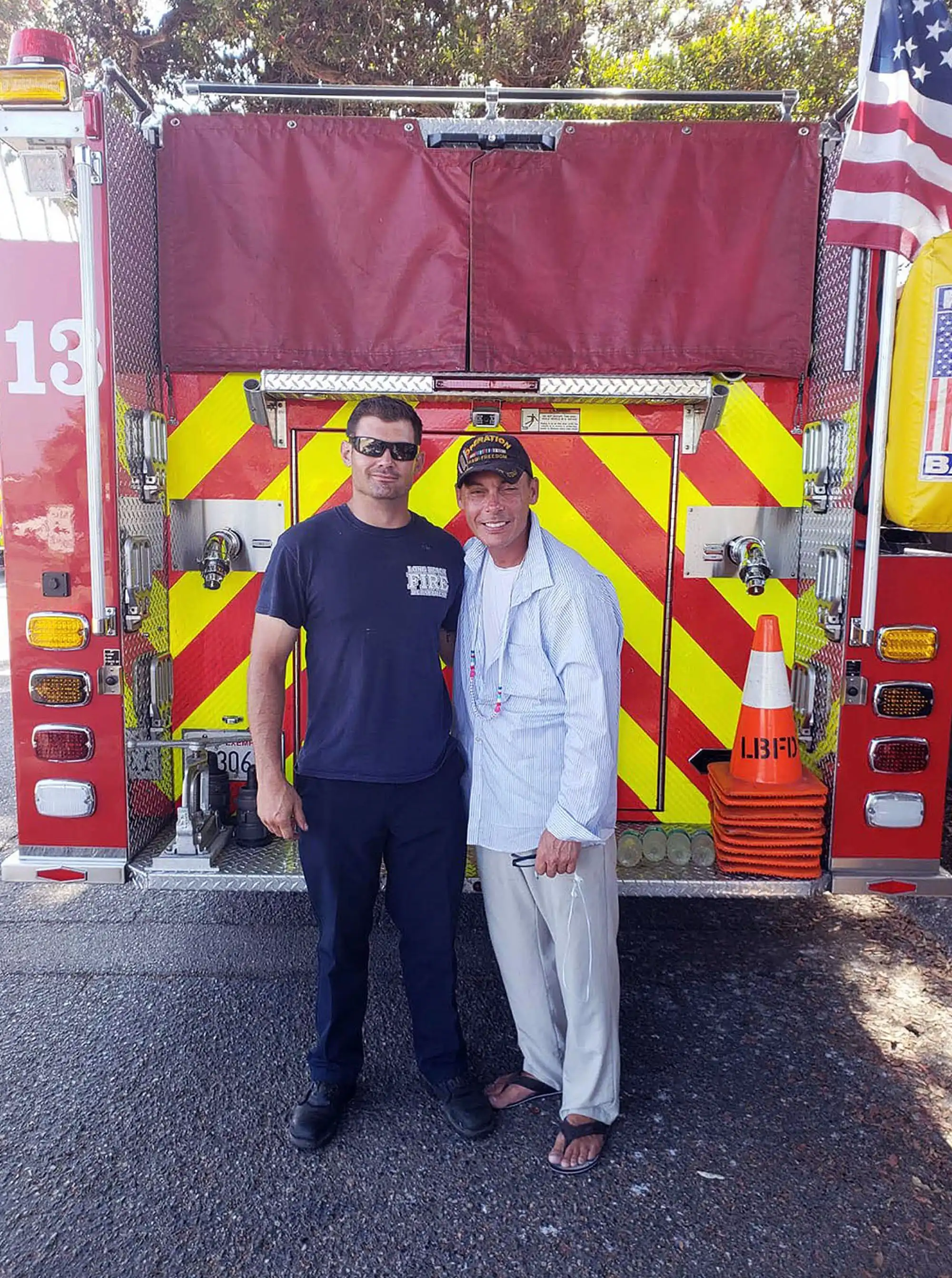 During the fire season, author David Haave gives coloring pages and crayons to the Firefighters for kids who lost their homes, CA, USA.